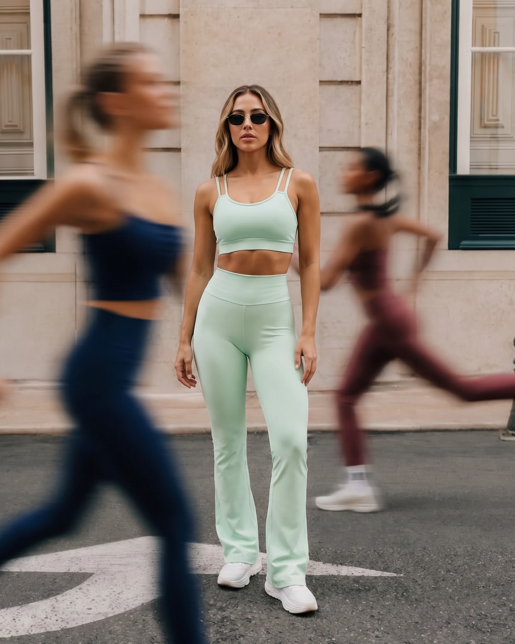 Mulher usando conjunto fitness REFLEXO21 em ambiente urbano